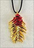Double Small Gold Redwood Needles with Iridescent Redwood Cone Necklace on Leath